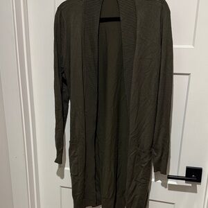 Long Open-Front Olive Green Cardigan